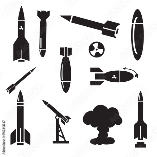 Strategic Nuclear Weapons Icon Set. Vector glyph collection of atomic bombs, ballistic missiles, and radioactive explosion symbols.
