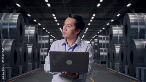 Wallpaper Mural Asian Male Professional Worker Standing With His Laptop with Stacks of Huge Metal Steel Coils in Warehouse, He Observes By Looking Around Before He Come To Concentrating With His Laptop Torontodigital.ca
