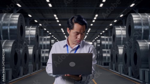 Wallpaper Mural Asian Male Professional Worker Standing With His Laptop with Stacks of Huge Metal Steel Coils in Warehouse, He Is Nodding His Head With Dissapionted Torontodigital.ca