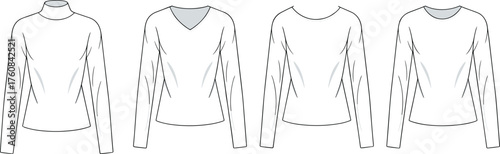 Fashion technical illustration, long sleeve shirt vector, turtleneck, V‑neck, crew neck, clothing template, apparel sketch, garment outline, sweater design, neckline styles drawing