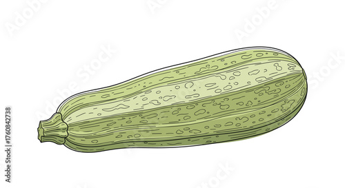 A detailed illustration of a pale green ridged vegetable with a tapered end and textured skin.