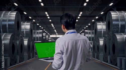 Wallpaper Mural Back View Of An Asian Male Professional Worker Standing with Stacks of Huge Metal Steel Coils in Warehouse, Typing On Laptop'S Keyboard With Green Screen And Look At The Factory Once Torontodigital.ca
