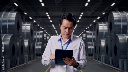 Wallpaper Mural Asian Male Professional Worker Standing With His Tablet with Stacks of Huge Metal Steel Coils in Warehouse, Work Continuously With His Tablet Torontodigital.ca