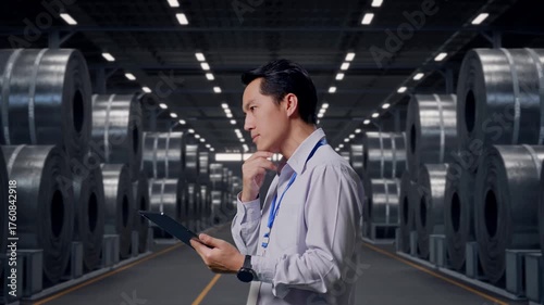 Wallpaper Mural Side View Of An Asian Male Professional Worker with Stacks of Huge Metal Steel Coils in Warehouse, Observes By Looking Up Before He Come To Concentrating On The Tablet And Keep On Checking Torontodigital.ca
