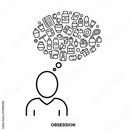 Person thinking about many products and items representing obsession.