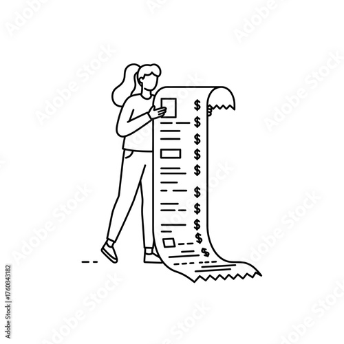 Woman Examining a Very Long Receipt with Dollar Signs.