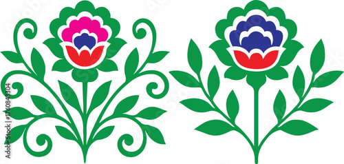 Colorful floral motifs with swirling green leaves and buds