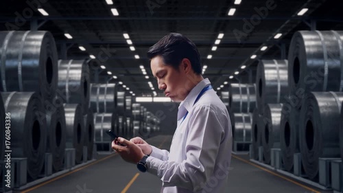 Wallpaper Mural Side View Of An Asian Male Professional Worker Standing With His Smartphone with Stacks of Huge Metal Steel Coils in Warehouse, Checking With Dissapionted And Nodding His Head  Torontodigital.ca