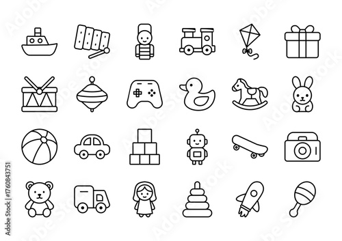 Flat Cute Vector Illustrations of Children’s Toys and Playtime Objects in Soft Pastel Colors | Teddy Bear, Toy Car, Robot, Kite, and Gift Box