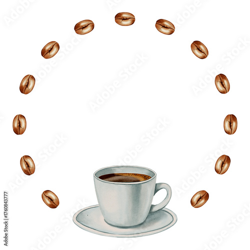Hand painted watercolor illustration of a coffee cup inside a decorative wreath of floating beans. Ideal for coffee shops, cafes, store branding, packaging, and menu design