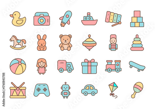 Flat Cute Vector Illustrations of Children’s Toys and Playtime Objects in Soft Pastel Colors | Teddy Bear, Toy Car, Robot, Kite, and Gift Box