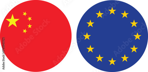 China and European Union Circular Flags on Transparent Background , Symbol of Global Cooperation and Unity 