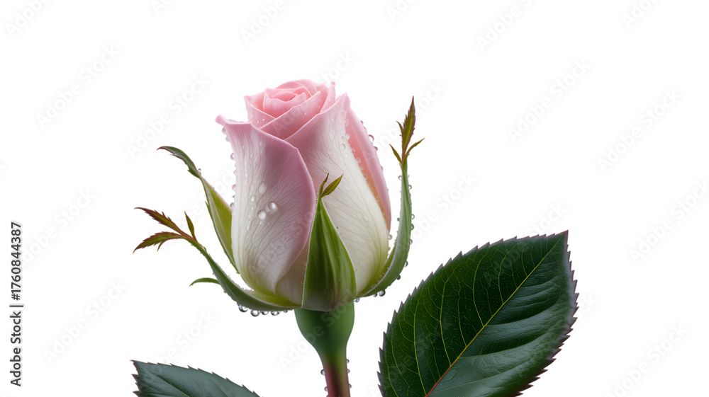 Obraz premium Delicate pink rose bud with water droplets on black background