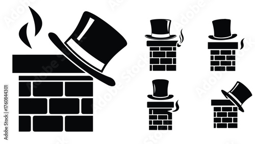 Chimney with top hat silhouette over brick block and smoke curl notch, whimsical black holiday icon for magical christmas graphics