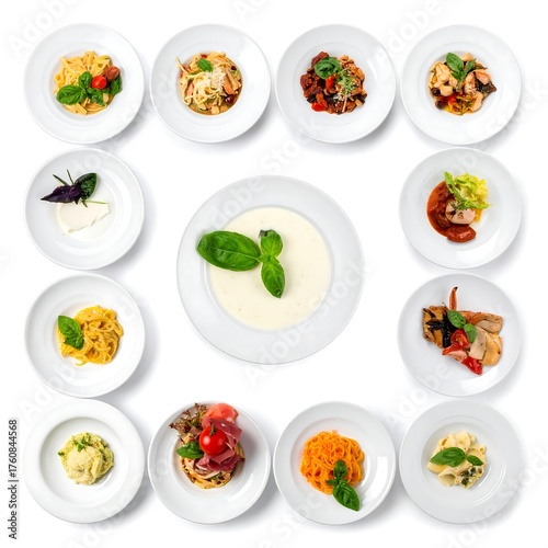 Wallpaper Mural Collection of diverse, appetizing meals arranged on white plates Torontodigital.ca