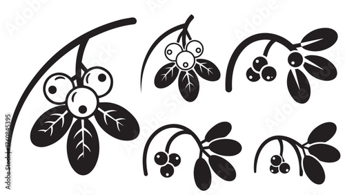 Mistletoe sprig silhouette with arched stem, three berries, and oval leaf trio, classic black christmas icon for wreaths, cards, and seasonal labels
