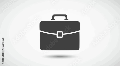 Simple graphic illustration of a dark grey briefcase with a handle and a white background scene