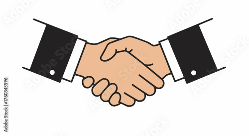 Illustration of two hands shaking in agreement wearing suits with white background and black sleeves