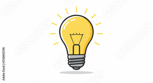 Illustration of a bright yellow light bulb emitting light rays on a plain white background design style