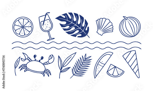 Minimal Summer Vacation Line Icons Collection Vector Illustration, ocean icon elements, easily editable.