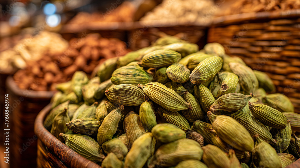 Naklejka premium Close up of a basket filled with green cardamom pods at a spice market display area