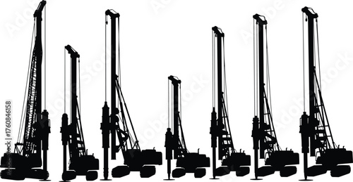 Pile driver silhouette set, drilling rig machines, foundation construction equipment, heavy industrial machinery, flat vector illustration
