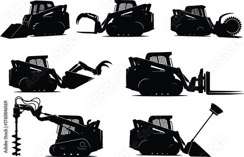 Skid steer loader silhouette set, construction machinery with attachments, versatile equipment, industrial vehicles, flat vector illustration