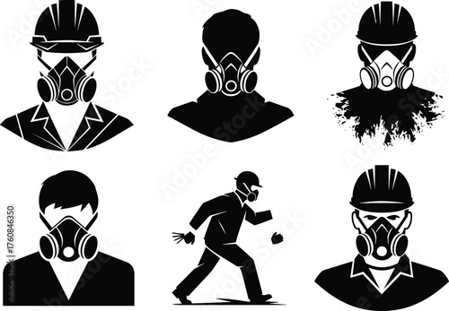 Workers wearing gas masks and hard hats, protective equipment safety illustration, hazardous environment silhouettes, flat vector design