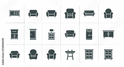 Set of modern furniture icons in dark grey