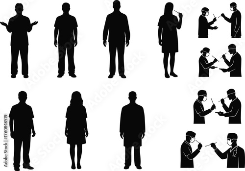 People brushing teeth and wearing masks, hygiene and healthcare silhouettes, dental care illustration, educational flat vector design