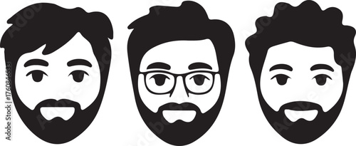 Three diverse bearded men faces in black and white illustration