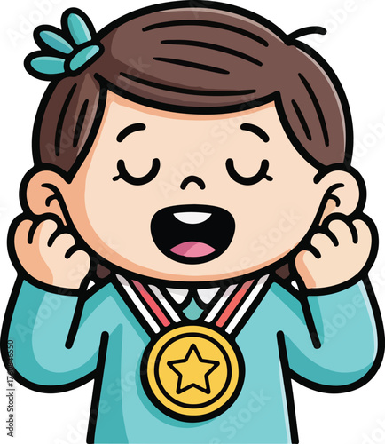 Girl Enjoying Award Medal Pretend Play Cartoon Clip Art Drawing Vector Illustration – Cute Child Celebrating Achievement and Success.