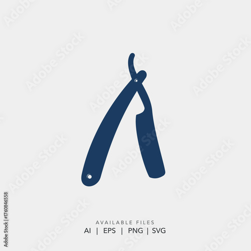 Minimalist dark blue straight razor logo vector, Professional men's grooming wet shave icon silhouette