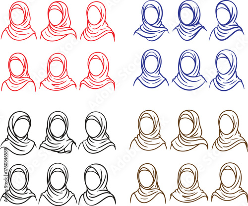 Diverse sketches of women wearing hijabs in various styles