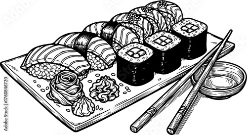 A detailed black and white sketch of a Japanese sushi platter featuring nigiri, maki rolls, wasabi, ginger, and chopsticks.
