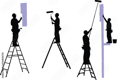 Flat vector illustration of painters on ladders painting wall with rollers, teamwork, construction, renovation concept