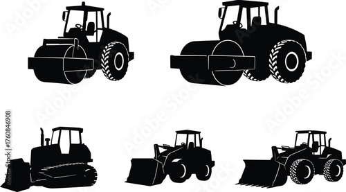Construction vehicle silhouette set, road rollers, bulldozer with roller, front loaders, heavy machinery, flat vector illustration