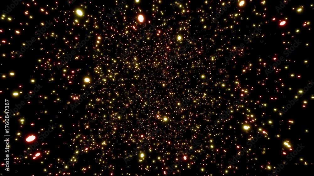 Parallax effect of glowing golden particles rotating seamlessly against a black background 3d render. Looping abstract rotating particle overlay for greetings, holidays, weddings, awards or Christmas