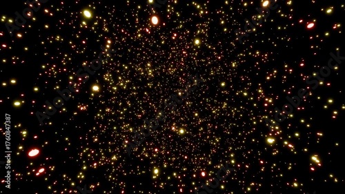 Parallax effect of glowing golden particles rotating seamlessly against a black background 3d render. Looping abstract rotating particle overlay for greetings, holidays, weddings, awards or Christmas