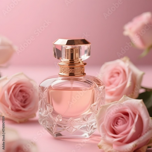 4k high quality Ai generative HD art photo realistic antique model design rich luxury cute transparent holy water scent aroma pink bottle of perfume rose background close up texture light