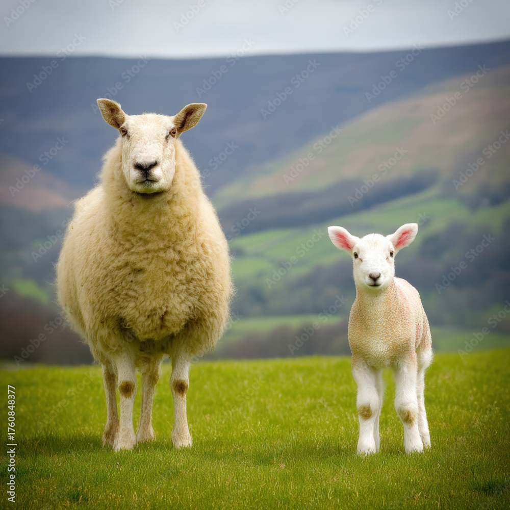 Obraz premium Ewe and Lamb Portrait in Green Pasture: A Mother Sheep and Her Baby Lamb Standing Together in a Lush Meadow with Rolling Hills in the Background