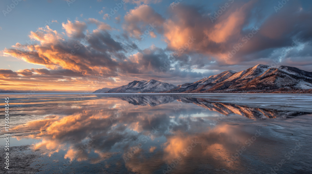 Obraz premium Majestic Winter Landscape with Snow-Capped Mountains and Dramatic Sky Reflected in Frozen Lake at Sunset, Creating a Serene and Breathtaking Scene