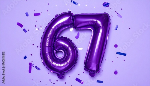 Fotografía Purple balloon number 67 with confetti on solid colored background