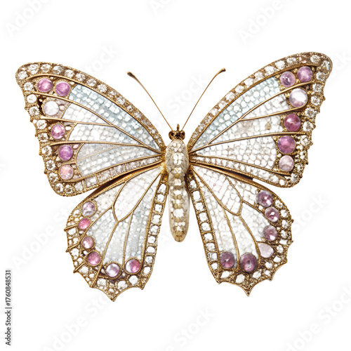 Exquisite butterfly brooch with white enamel wings, embellished with diamonds and pink gemstones isolated on transparent background