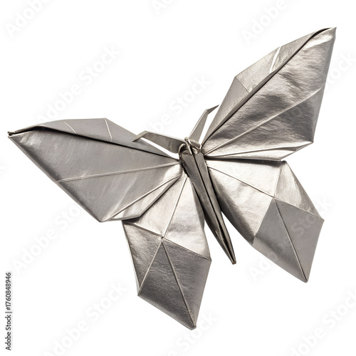Elegant silver origami butterfly isolated on transparent background, showcasing the intricate art of paper folding and metallic sheen
