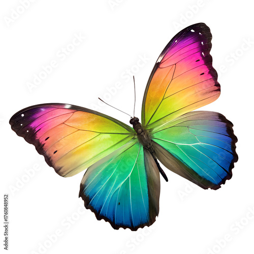 Colorful butterfly with rainbow wings isolated on transparent background, a vibrant and beautiful insect in flight