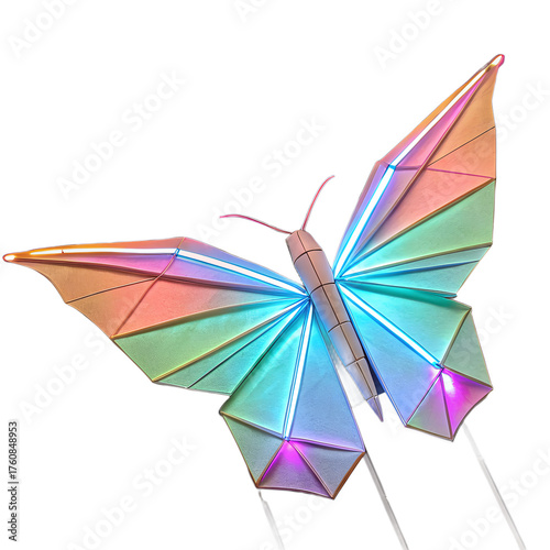 Geometric origami butterfly with colorful led lights isolated on transparent background, a modern and artistic creation