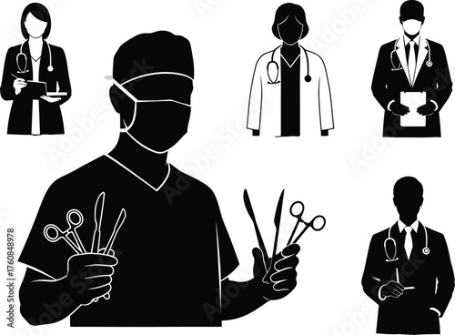 Medical professionals team silhouettes, surgeon with instruments, doctors with stethoscopes, healthcare teamwork illustration, flat vector