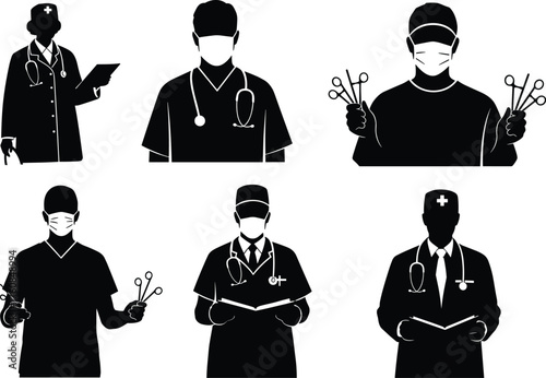 Doctors and surgeons with medical tools, healthcare professionals silhouettes, hospital staff teamwork illustration, medical flat vector design
