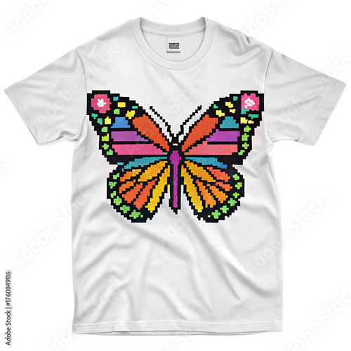 Pixelated butterfly on a white tshirt isolated on transparent background, a vibrant and modern design for apparel